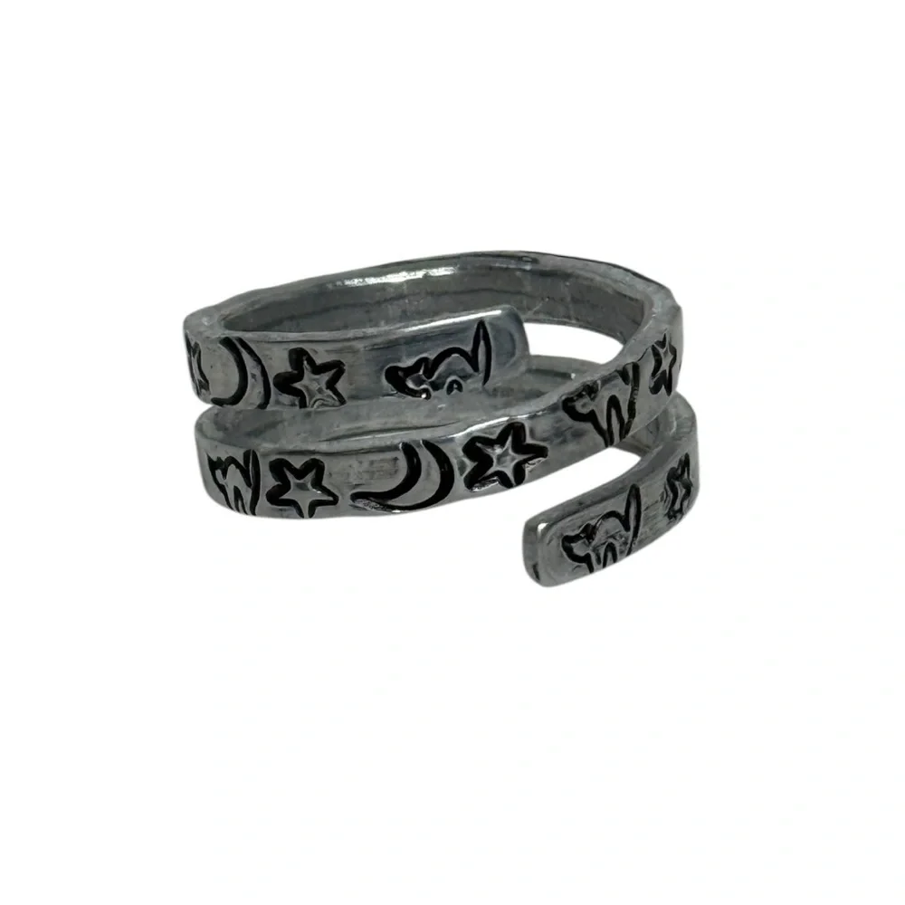 Handmade stamped witch core celestial black‎ cat silver adjustable wrap ring